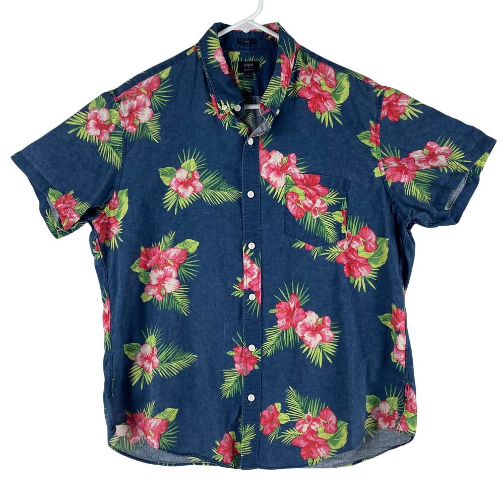J.Crew Mens Slim Floral Hawaiian Shirt XL Blue Pink Hibiscus Cotton Linen